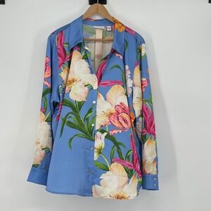 Susan Graver Satin Floral Button Down Shirt Long Sleeve Size XL Flowy‎ Cottage